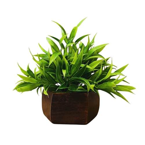 fancymart Artificial Bamboo Leaves in Wood Hexagon Pot - 20cm Height - Home & Office Decor Elegant Potted Plant for Tabletop Enhancement (Pack of 1) - Image 1