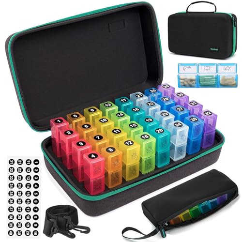 Yewltvep Monthly Pill Organizer 3 Times a Day, 31 Day Pill Organizer 3 Times a Day, Month Medicine Organizer Box, Medicine Pill Boxes with 32 Daily Compartments & Portable 7-Day Travel Medicine Organizing Bag - Image 1