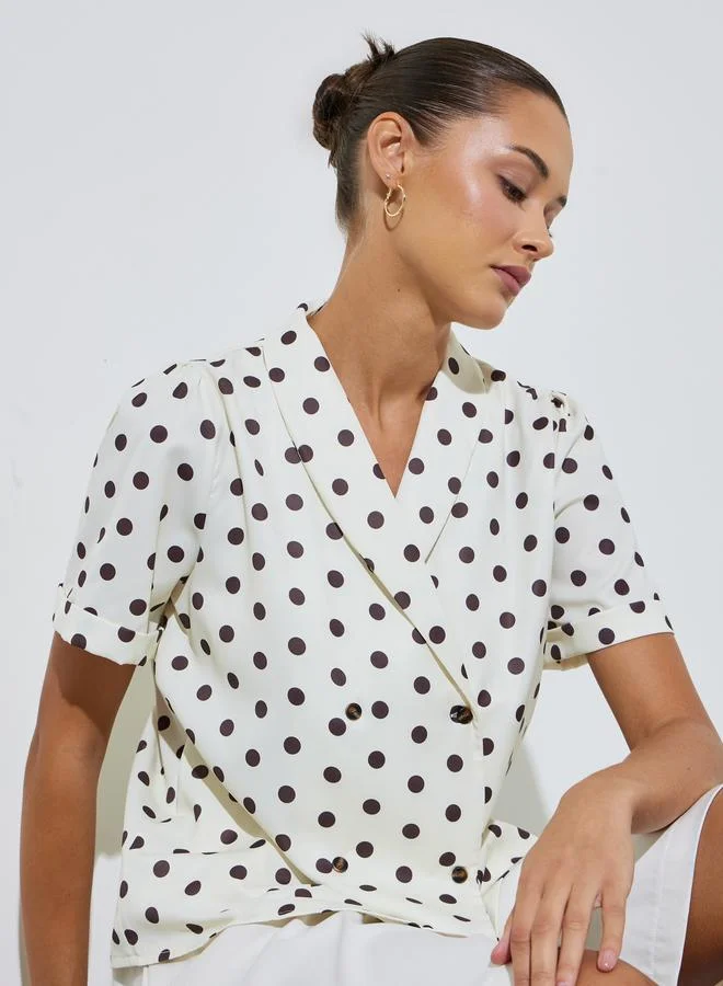 Off-White Polka Dot Short Sleeve Wrap Blouse