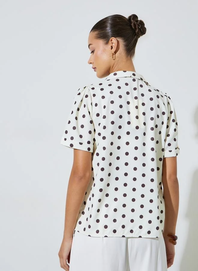 Styli  Off-White Polka Dot Short Sleeve Wrap Blouse for Women | Best Price UAE