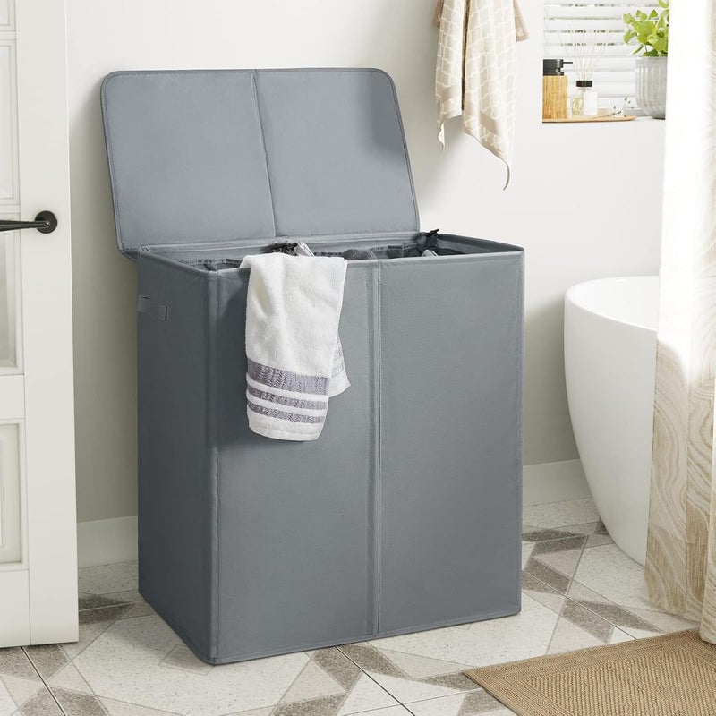 WOWLIVE 154L Double Laundry Hamper with Lid and Removable Laundry Bags, Large Dirty Clothes Hamper 2 section Collapsible Laundry Basket Dorm Room Storage for Bedroom, Bathroom, College,Grey - Image 2