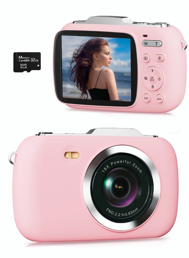 Milatech Digital Camera,5K Cameras for Photography, 64MP UHD Portable Vlogging Camera,18X Zoom Travel Point and Shoot Camera with 32GB TF Card, For Beginners Teen - Pink - Image 1