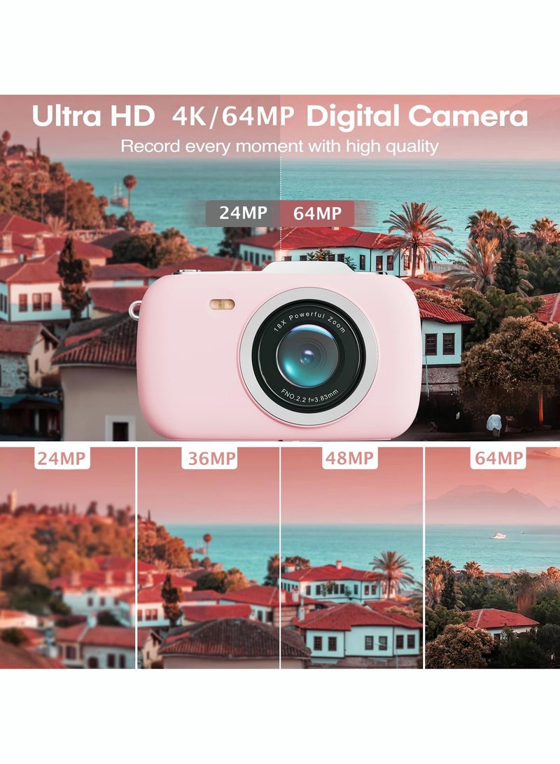 Milatech Digital Camera,5K Cameras for Photography, 64MP UHD Portable Vlogging Camera,18X Zoom Travel Point and Shoot Camera with 32GB TF Card, For Beginners Teen - Pink - Image 4