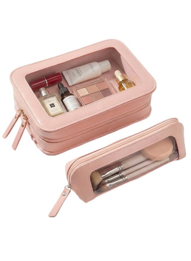 LETGO 2Pack Clear Makeup Bags Set,Clear Travel Makeup Brush Holder,Portable Leather Pencil Case Holder Travel Toiletry Bag for Women, pink - Image 1