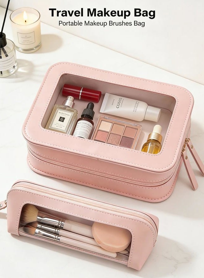 LETGO 2Pack Clear Makeup Bags Set,Clear Travel Makeup Brush Holder,Portable Leather Pencil Case Holder Travel Toiletry Bag for Women, pink - Image 3