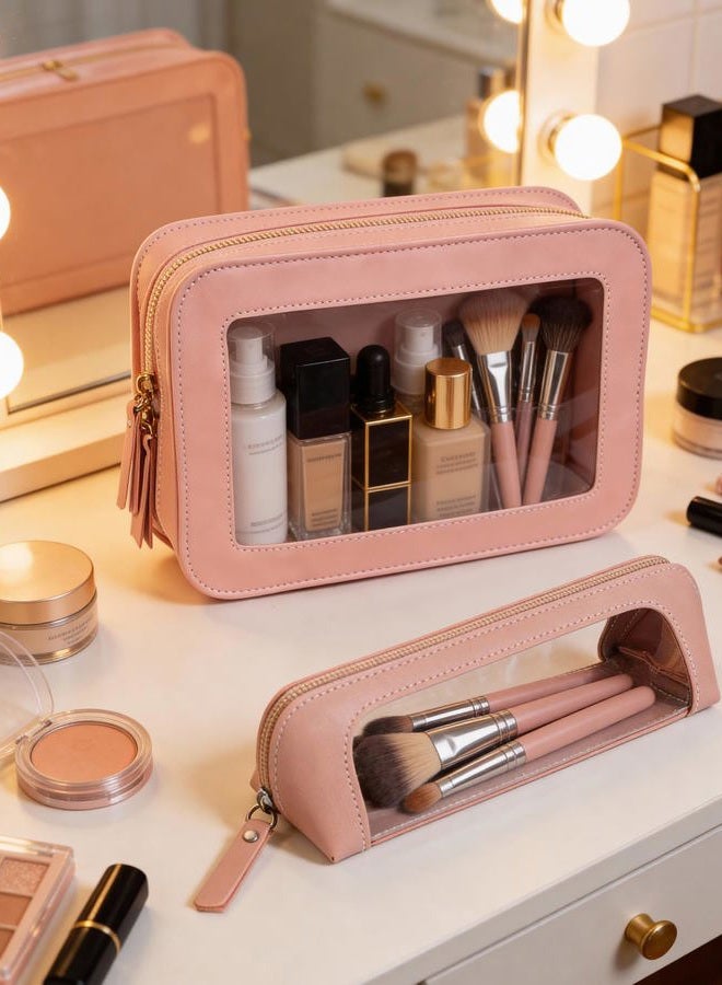 LETGO 2Pack Clear Makeup Bags Set,Clear Travel Makeup Brush Holder,Portable Leather Pencil Case Holder Travel Toiletry Bag for Women, pink - Image 2
