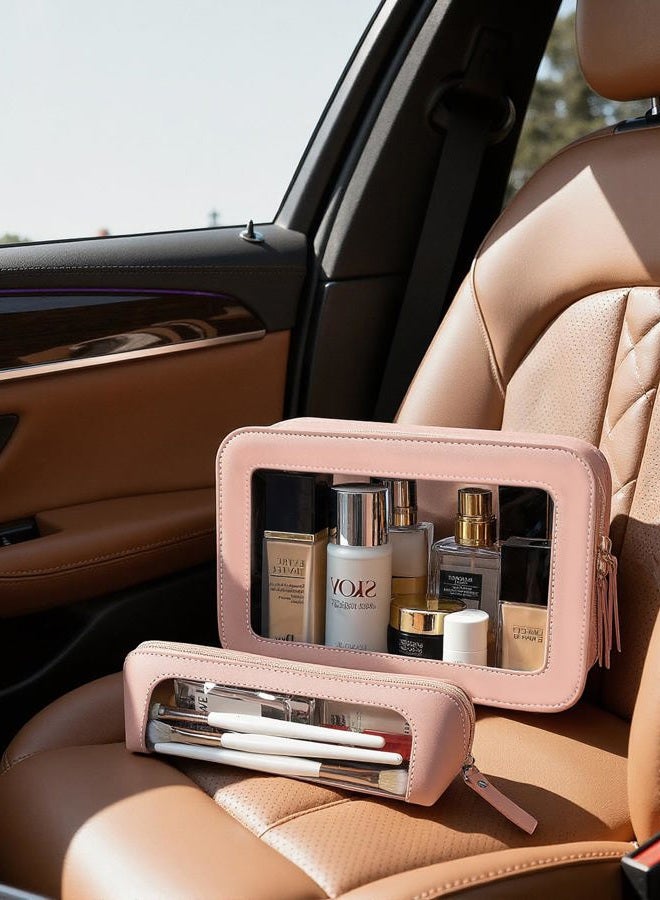 LETGO 2Pack Clear Makeup Bags Set,Clear Travel Makeup Brush Holder,Portable Leather Pencil Case Holder Travel Toiletry Bag for Women, pink - Image 5