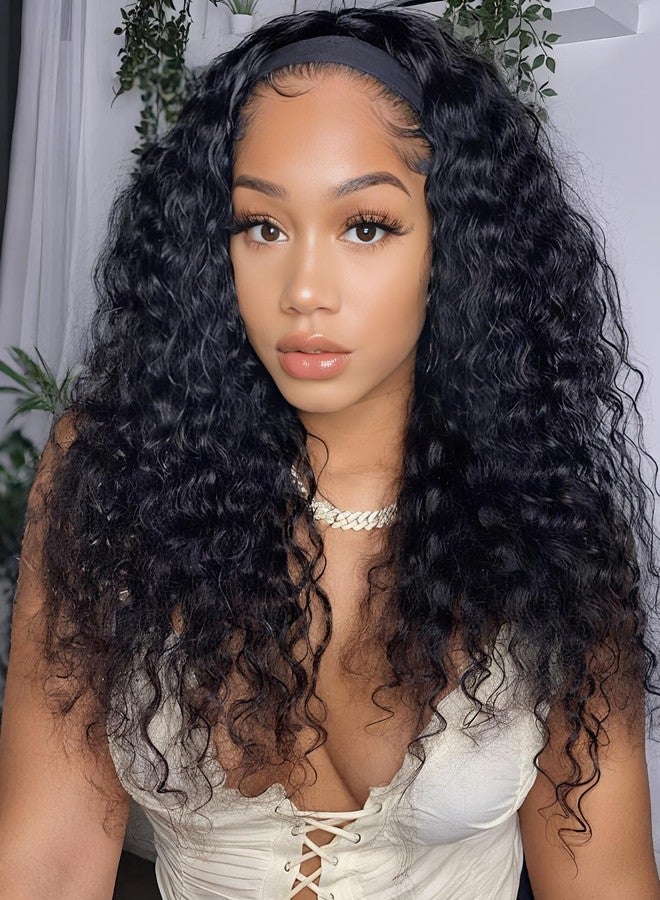 UNICE HookFit Water Wave Headband Wig Human Hair with Drawstring No-Slip Glueless Headband Half Human Hair Wig 150% Density Natural Black 16 inch - Image 1