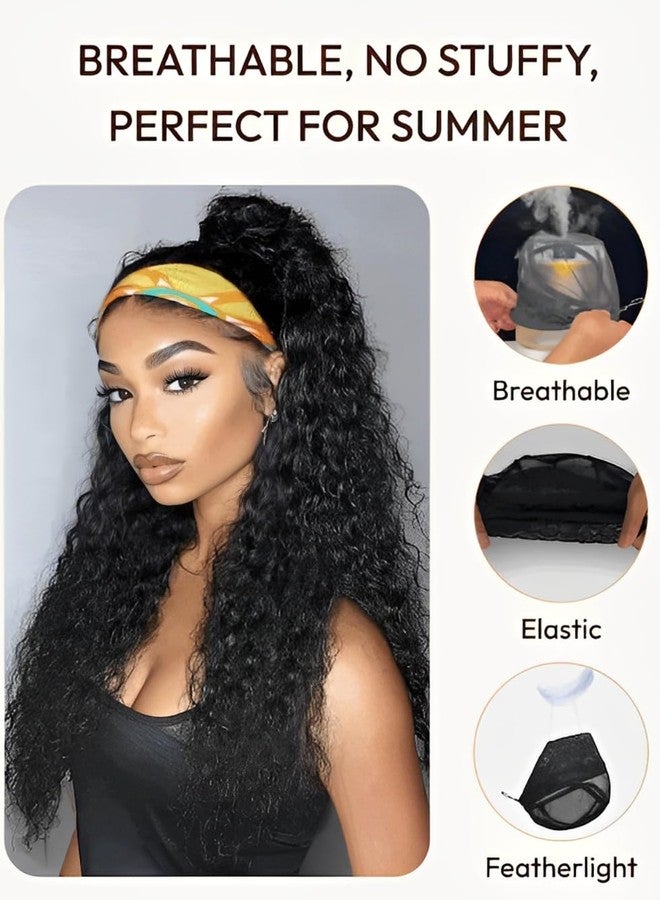 UNICE HookFit Water Wave Headband Wig Human Hair with Drawstring No-Slip Glueless Headband Half Human Hair Wig 150% Density Natural Black 16 inch - Image 3