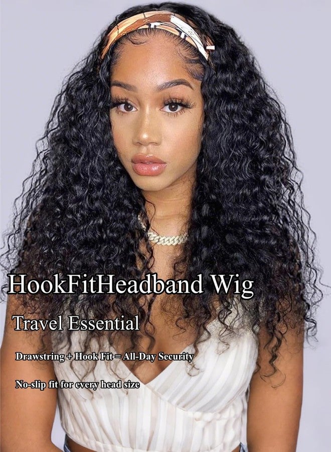 UNICE HookFit Water Wave Headband Wig Human Hair with Drawstring No-Slip Glueless Headband Half Human Hair Wig 150% Density Natural Black 16 inch - Image 2