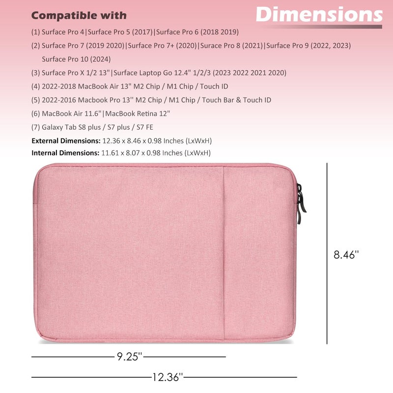 ProElife 12-Inch Laptop Tablet Sleeve Case Canvas Cover for 2022-2014 Surface Pro 4/5 / 6/7 / 7+ / 8/9|Surface Laptop Go 1/2 12.4"|MacBook Air/Pro 13'' M1|Samsung Galaxy Tab S8+/S7+ Bag (Pink) - Image 2
