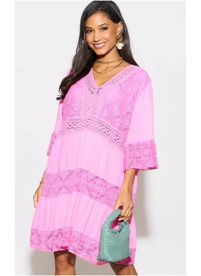 Hoxton Gal Lace Detail V-Neck Mini Dress with 3/4 Sleeves in Fuschia