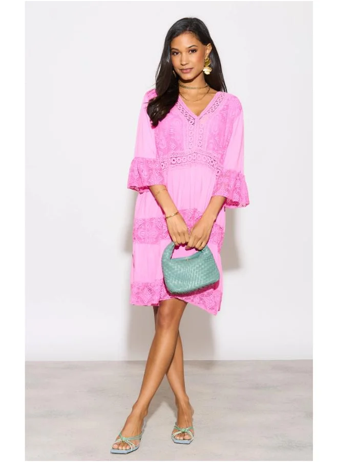 Hoxton Gal Lace Detail V-Neck Mini Dress with 3/4 Sleeves in Fuschia