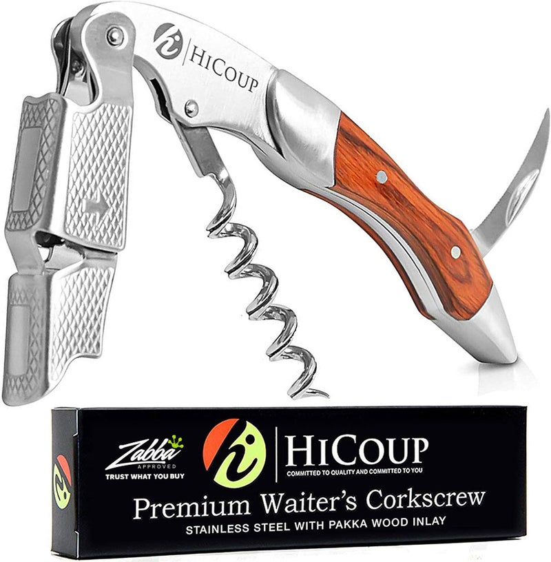 HiCoup Kitchenware Hicoup Wine Opener - Professional Corkscrews for Wine Bottles w/Foil Cutter and Cap Remover - Manual Wine Key for Servers, Waiters, Bartenders and Home Use - Stainless Steel With Pakka Wood Inlay - Image 1