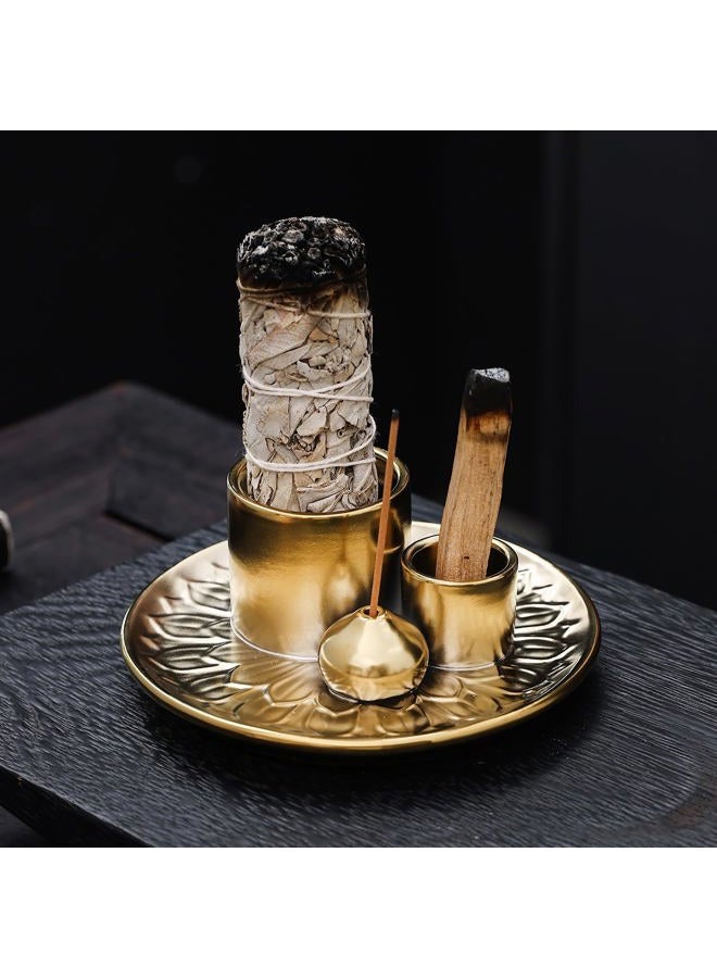 YIENENG 4 in 1 Multifunctional Ceramic Incense and Candle Holder with Ash Catcher Tray Suit for Burning White Sage, Palo Santo Sticks (Golden) - Image 1