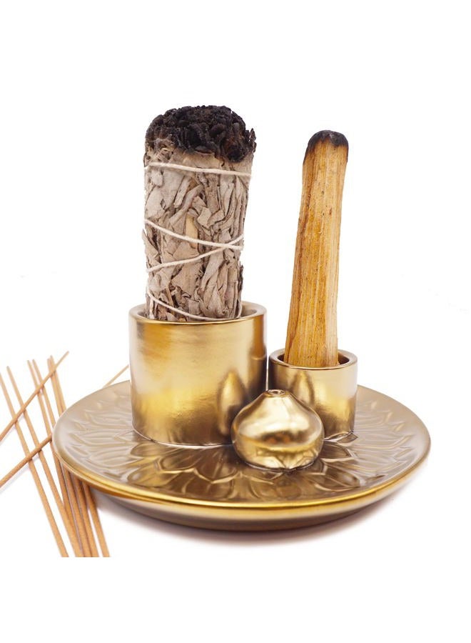 YIENENG 4 in 1 Multifunctional Ceramic Incense and Candle Holder with Ash Catcher Tray Suit for Burning White Sage, Palo Santo Sticks (Golden) - Image 4