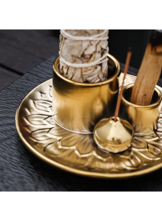 YIENENG 4 in 1 Multifunctional Ceramic Incense and Candle Holder with Ash Catcher Tray Suit for Burning White Sage, Palo Santo Sticks (Golden) - Image 5