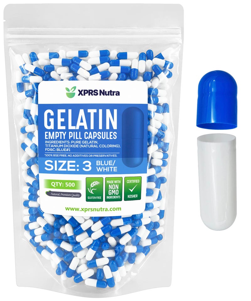 XPRS Nutra Size 3 Empty Capsules 500 Count Empty Gelatin Capsules Pills DIY Capsule Filling Pure Bovine Pill Gel Caps Fillable for DoItYourself Vitamins and Supplements BlueWhite