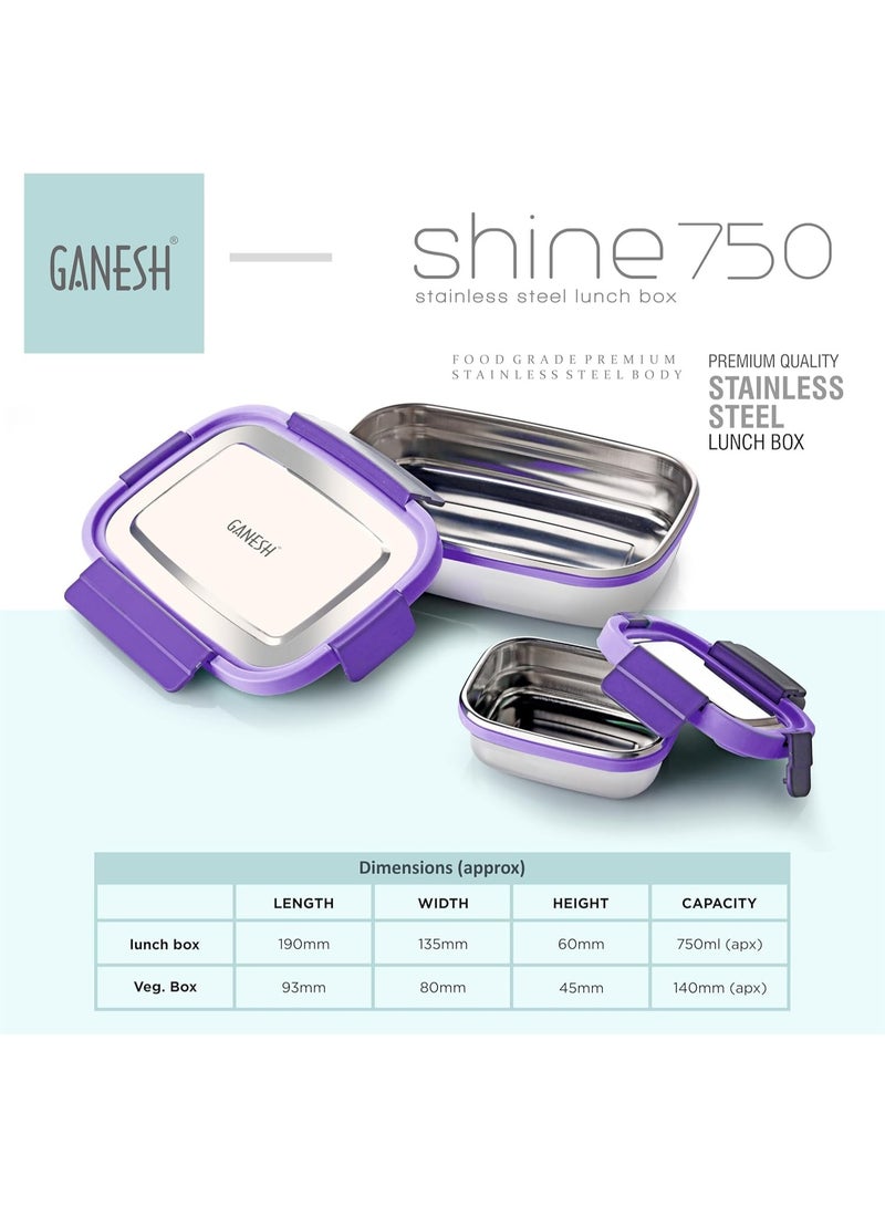 Ganesh Shine Stainless Steel Airtight Leak-Proof Lunch Box for Office, School, Picnic - Color May Vary - 750 Ml - Image 2