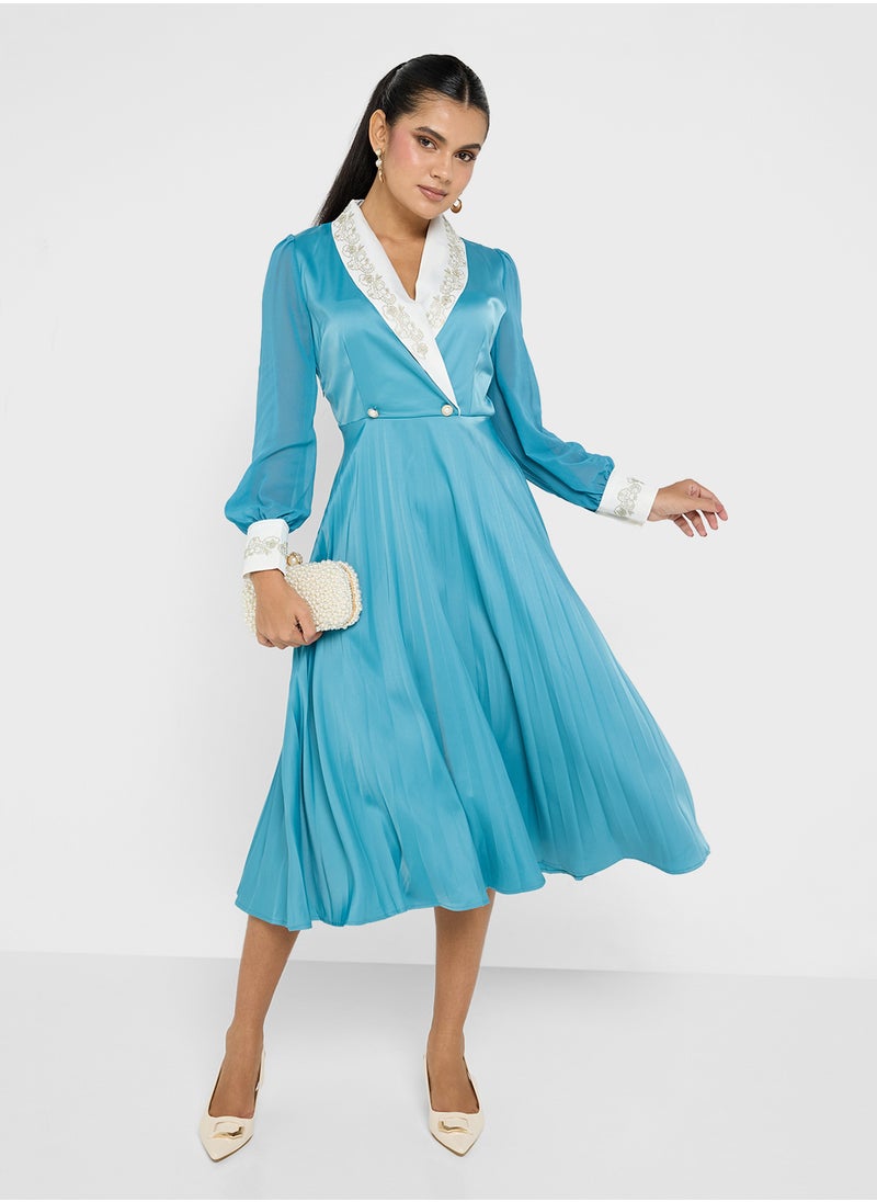 ELLA - Pleated Dress With Embroidered Collar - Image 1