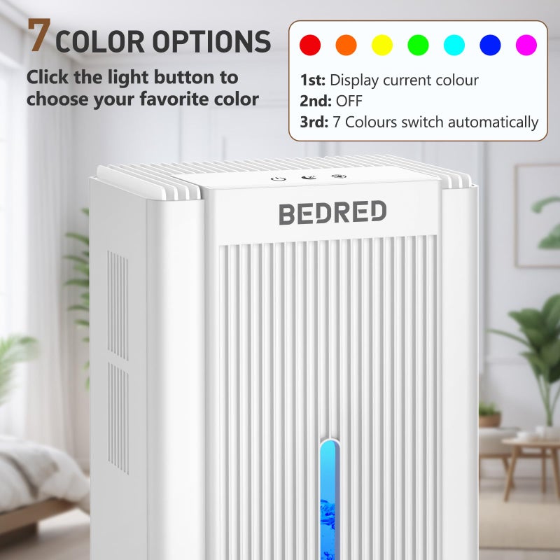 BEDRED Dehumidifier, 95OZ Dehumidifier for Home 1000 Sq.Ft - Quiet with Auto Shut Off & Relaxing 7 Color Ambient Light,Ideal for Livingroom, Bedroom, Basement(White) - Image 5