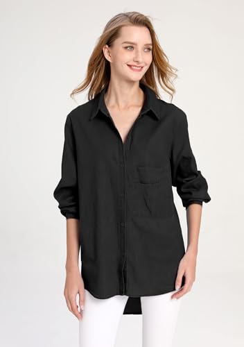 Minibee Women's Casual Cotton Linen Blouse Plus Size High Low Shirt Long Sleeve Tops Black - Image 3