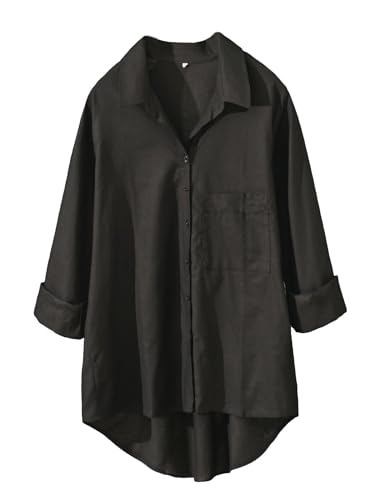 Minibee Women's Casual Cotton Linen Blouse Plus Size High Low Shirt Long Sleeve Tops Black - Image 1