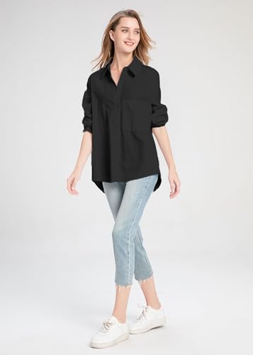 Minibee Women's Casual Cotton Linen Blouse Plus Size High Low Shirt Long Sleeve Tops Black - Image 2