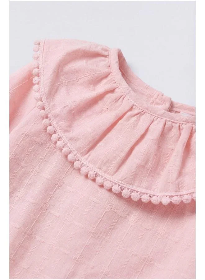 Magu Girls’ Cotton Pink Textured Blouse with Ruffled Collar - Elegant Long-Sleeved Design