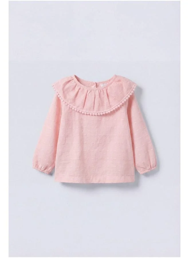 Magu Girls’ Cotton Pink Textured Blouse with Ruffled Collar - Elegant Long-Sleeved Design