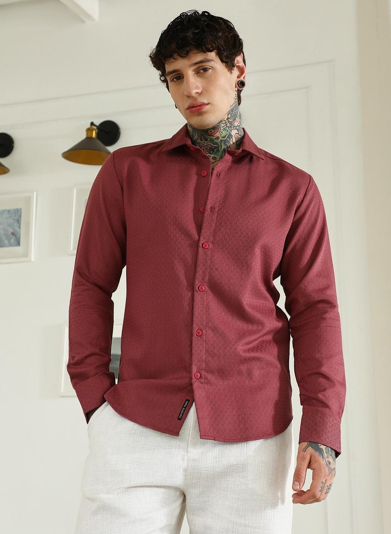Campus Sutra Burgundy Textured Cotton Blend Full Sleeve Shirt For Men  - Image 2