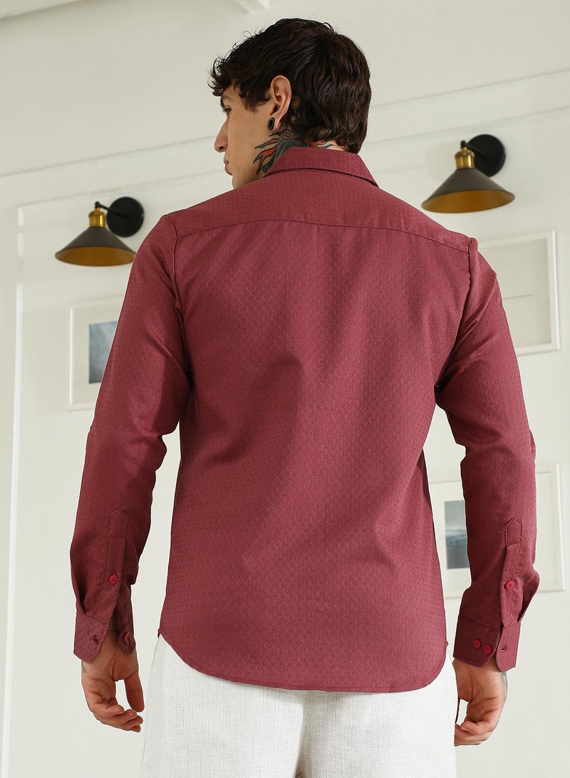 Campus Sutra Burgundy Textured Cotton Blend Full Sleeve Shirt For Men  - Image 5