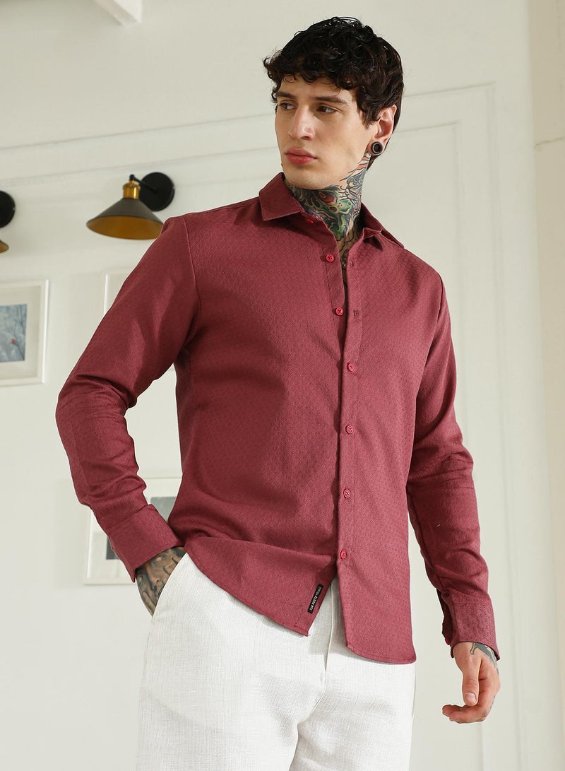 Campus Sutra Burgundy Textured Cotton Blend Full Sleeve Shirt For Men  - Image 3