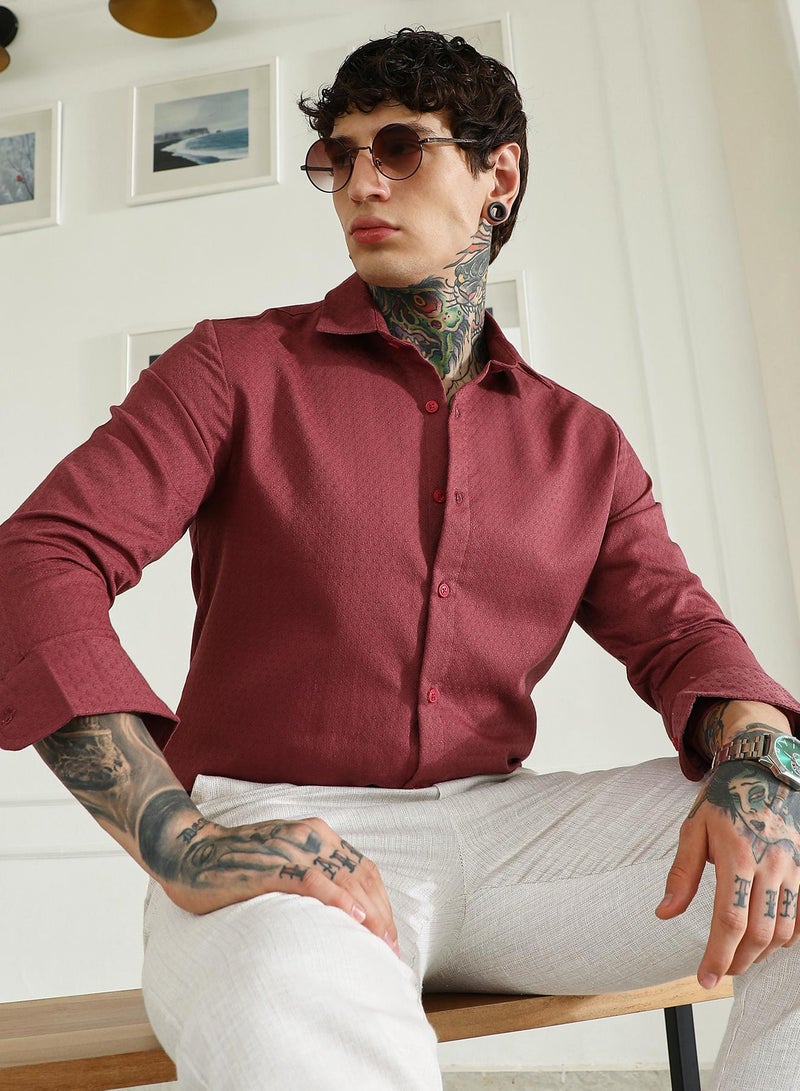 Campus Sutra Burgundy Textured Cotton Blend Full Sleeve Shirt For Men  - Image 1