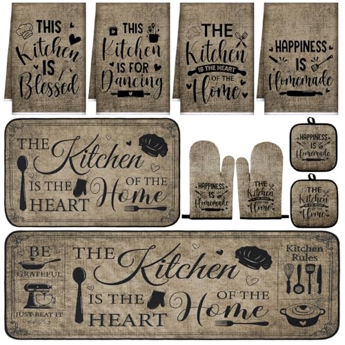 Fourluoo 10 Pcs Farmhouse Kitchen Decor and Accessories Set 4 Kitchen Towels 2 Pot Holders 2 Oven Mitts 2 Rugs for Cooking Baking Mom Housewarming GiftsVintage ColorClassic Style - Image 1