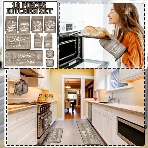 Fourluoo 10 Pcs Farmhouse Kitchen Decor and Accessories Set 4 Kitchen Towels 2 Pot Holders 2 Oven Mitts 2 Rugs for Cooking Baking Mom Housewarming GiftsVintage ColorClassic Style - Image 3