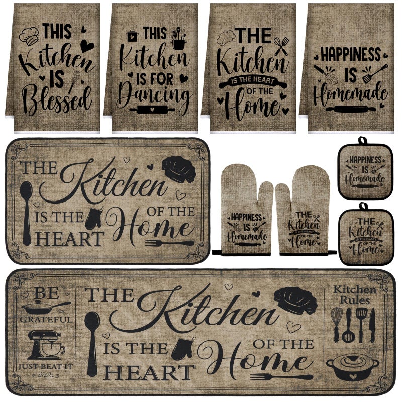 Fourluoo 10 Pcs Farmhouse Kitchen Decor and Accessories Set 4 Kitchen Towels 2 Pot Holders 2 Oven Mitts 2 Rugs for Cooking Baking Mom Housewarming GiftsVintage ColorClassic Style - Image 2