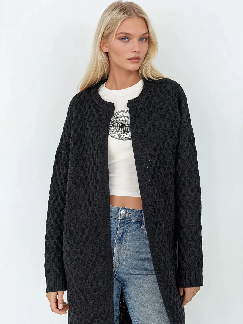 MY FASHION Black Oversized Striped Half-Zip Knit Sweater for Women | Best Price UAE