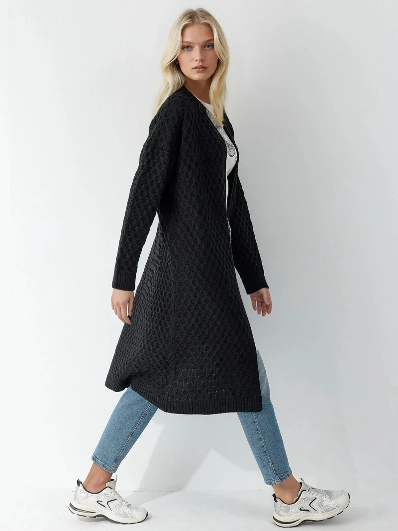 MY FASHION Black Oversized Striped Half-Zip Knit Sweater for Women | Best Price UAE