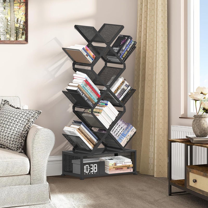 Gintan 9-Tier Space Saving Book Shelf with Storage,Bedroom Shelves Folding Bookshelves,No Installation Required Shelf Tree Metal Bookshelf for Living Room,Study,Home Office,Bed Room (Black) - Image 5