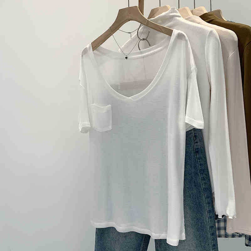 Lyocell Tencel Skin-Friendly Loose Pocket Short-Sleeved T-Shirt Women'S 2025 V-Neck High-End Slim Top - Image 2