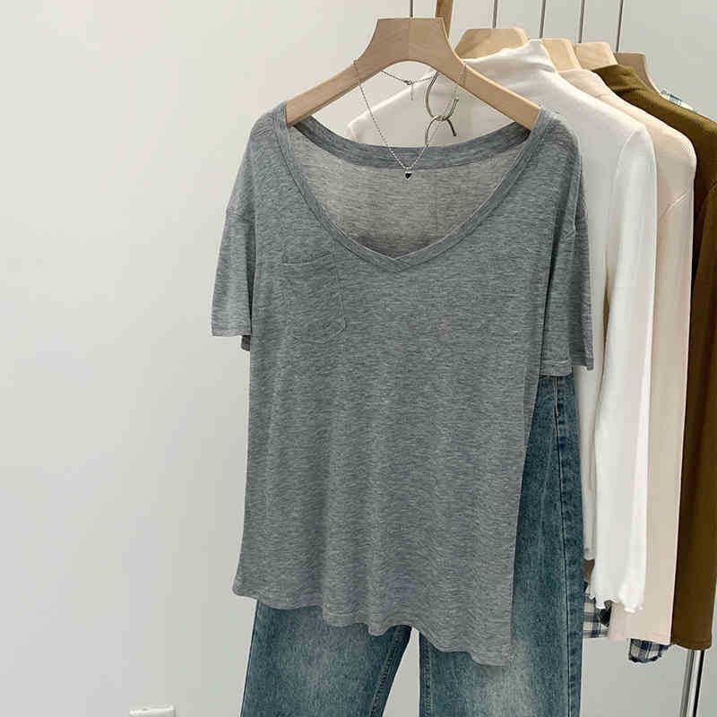 Lyocell Tencel Skin-Friendly Loose Pocket Short-Sleeved T-Shirt Women'S 2025 V-Neck High-End Slim Top - Image 3