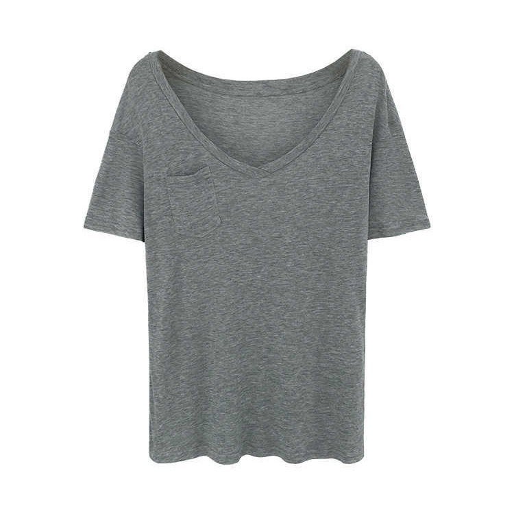 Lyocell Tencel Skin-Friendly Loose Pocket Short-Sleeved T-Shirt Women'S 2025 V-Neck High-End Slim Top - Image 5
