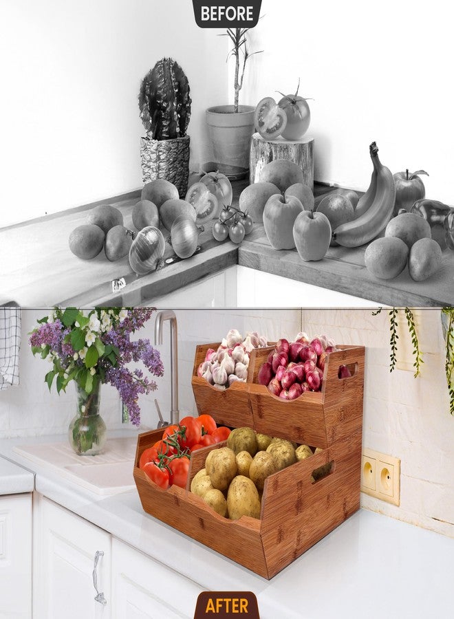 Bewbow [Upgraded] 2-tier Stackable Bamboo Pantry Storage Bins, Potato and Onion Storage Baskets with Handles, Removable Divider, Pantry Organizer Holder for Kitchen, Office, Cabinet, Fruit Storage (Walnut) - Image 2