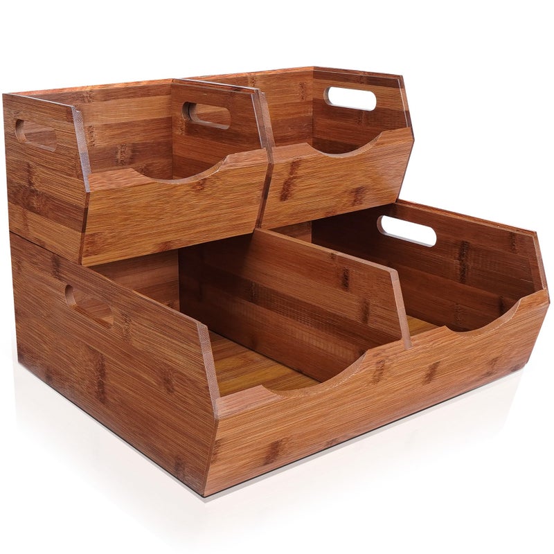 Bewbow [Upgraded] 2-tier Stackable Bamboo Pantry Storage Bins, Potato and Onion Storage Baskets with Handles, Removable Divider, Pantry Organizer Holder for Kitchen, Office, Cabinet, Fruit Storage (Walnut) - Image 1