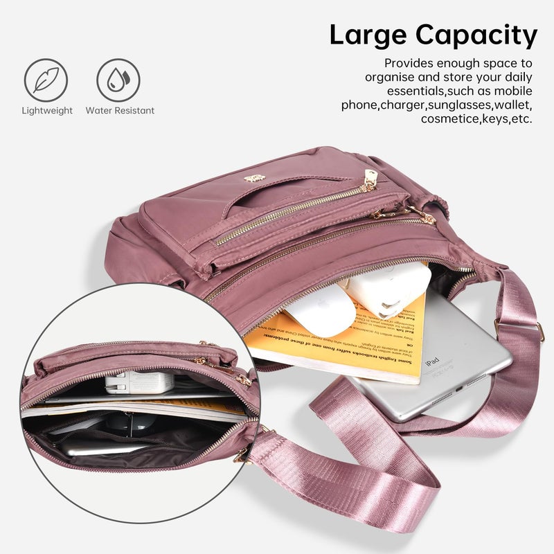 CAAORDKSO Messenger Bag for Women, Waterproof Nylon Crossbody Bags for Women Travel Shoulder Bag Lightweight Purse Handbag with Multi Zipper Pocket and Adjustable Strap (Pink Purple) - Image 4