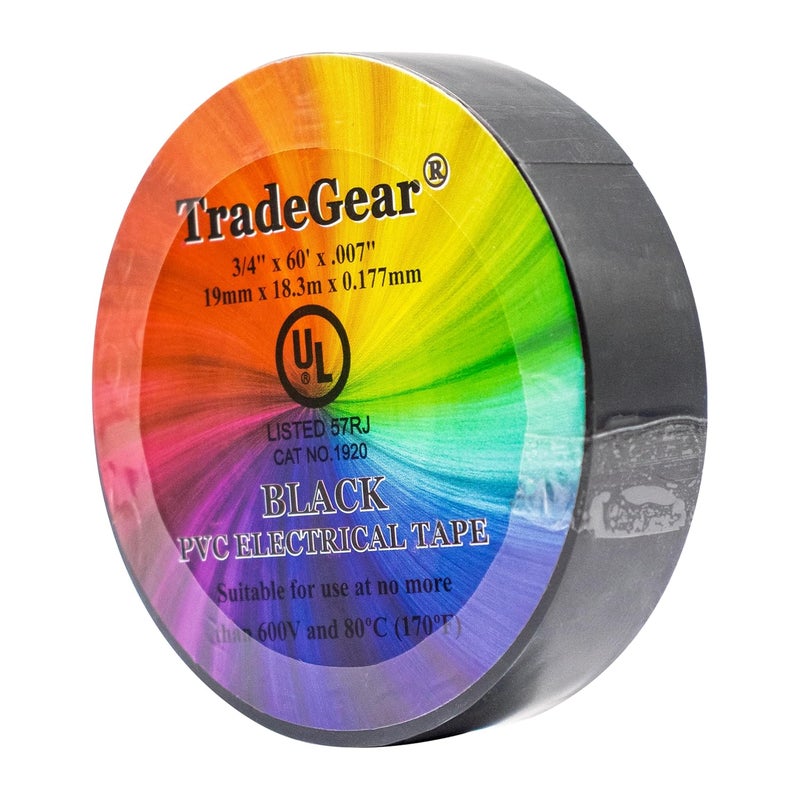 TradeGear شريط كهربائي أسود اللون 1PK - PVC للاستخدام العام - مقاوم للماء، مقاوم للاشتعال، لاصق قائم على المطاط، معتمد من UL - مصنف لحد أقصى 600 فولت و80 درجة مئوية - 60 قدم × 3/4 بوصة × 0.07 بوصة - Image 4