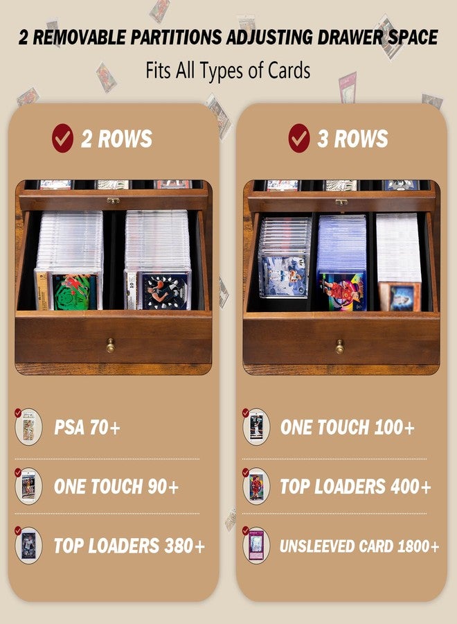Emfogo Trading Card Storage Box, 70+ Graded Card Storage Box with Custom Drawer, Wood Storage Display Case with Large Clear Window, Sports Trading Card Box with Dividers for TCG/Mtg Collection - Image 5