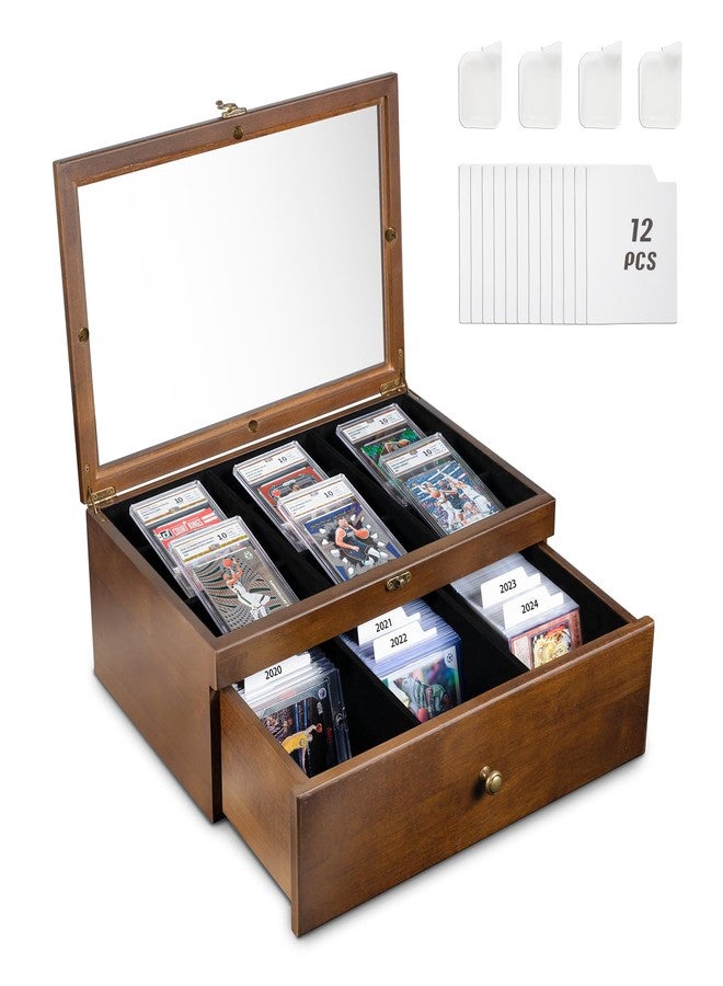 Emfogo Trading Card Storage Box, 70+ Graded Card Storage Box with Custom Drawer, Wood Storage Display Case with Large Clear Window, Sports Trading Card Box with Dividers for TCG/Mtg Collection - Image 1