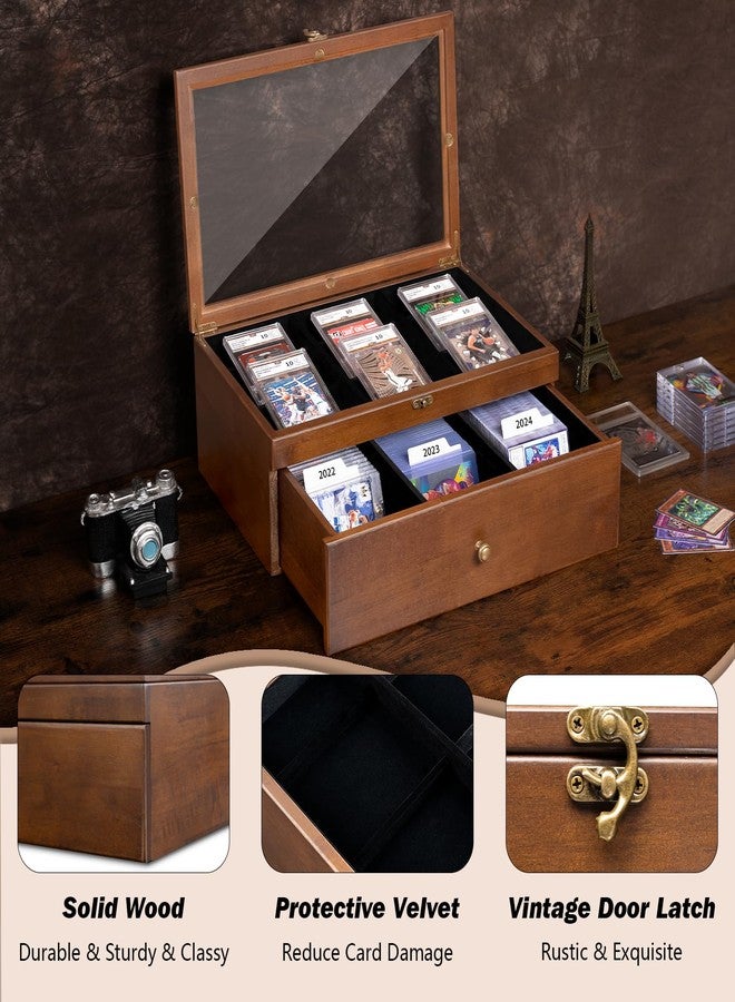 Emfogo Trading Card Storage Box, 70+ Graded Card Storage Box with Custom Drawer, Wood Storage Display Case with Large Clear Window, Sports Trading Card Box with Dividers for TCG/Mtg Collection - Image 4